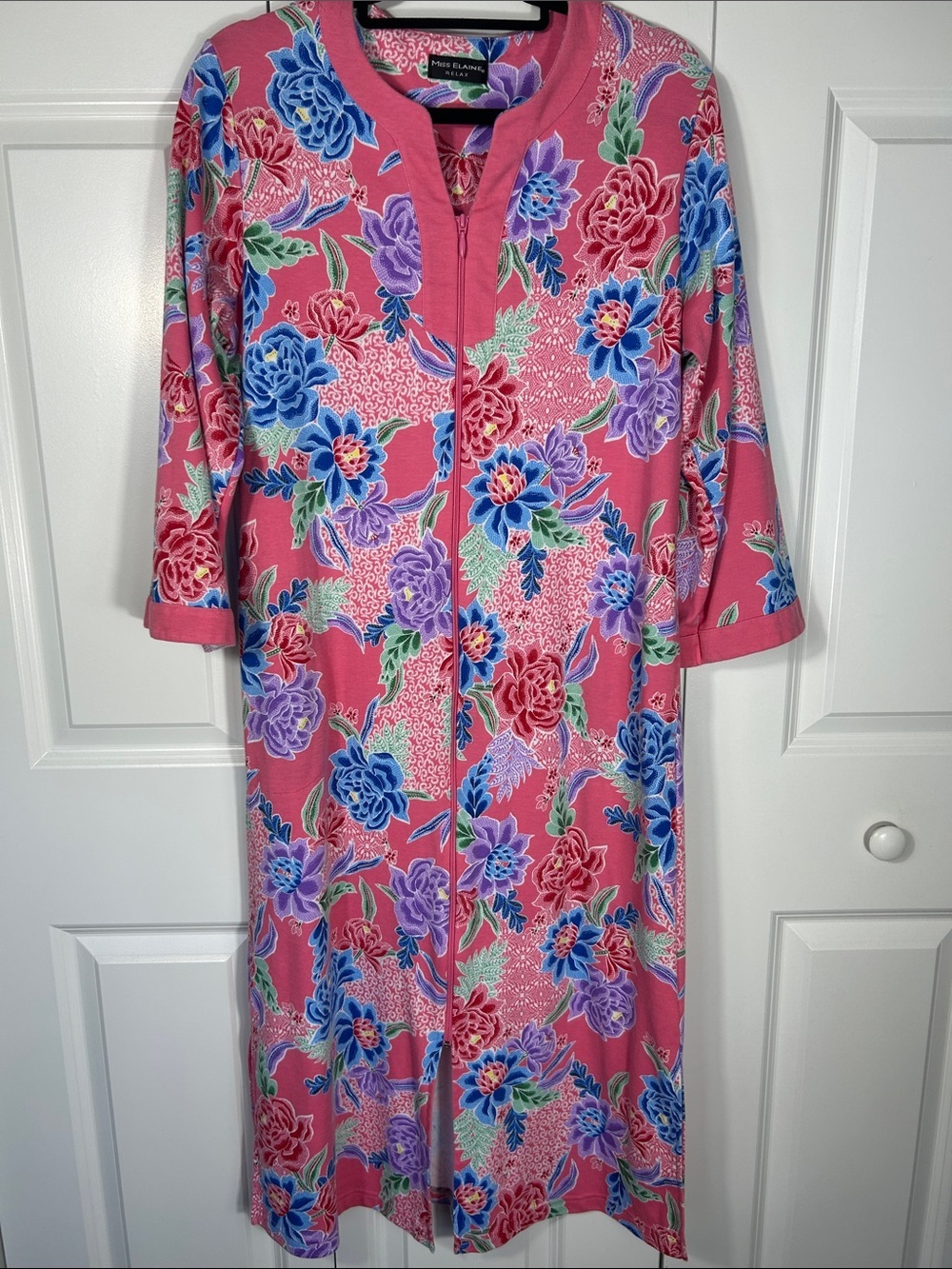 Miss Elaine Pink Floral Zip-Front Long Sleeve Robe Size Medium